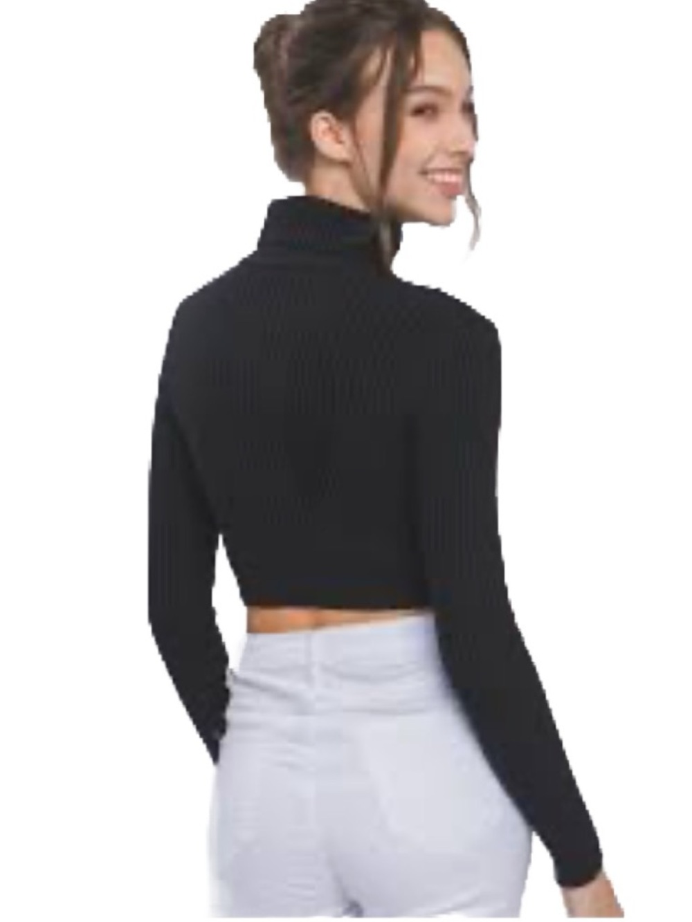 Women’s Black Ribbed Turtleneck Long-Sleeve Crop Top Size S